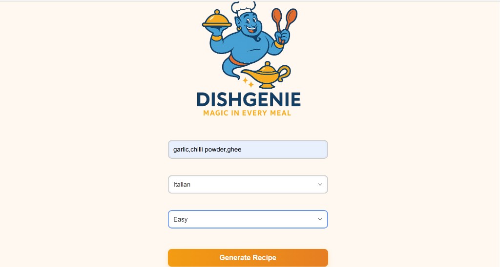 DishGenie home screen with ingredient input, cuisine and difficulty selectors, and Generate Recipe button