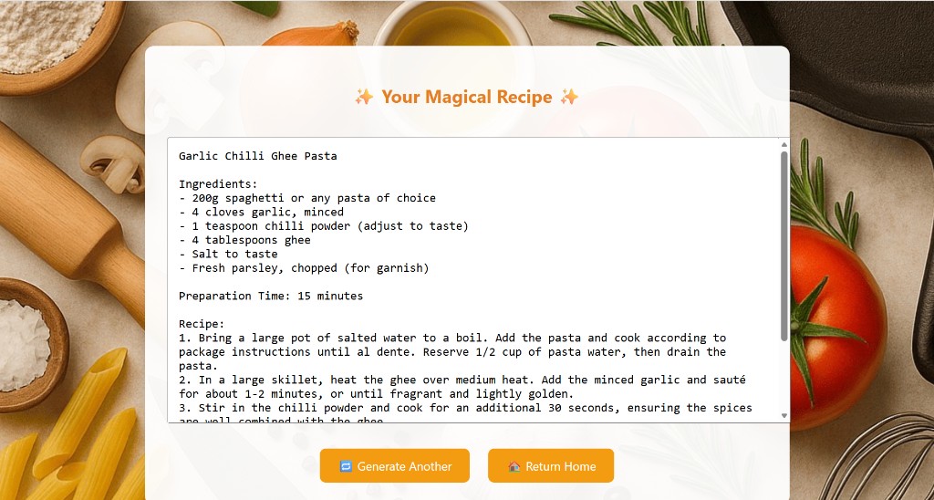 DishGenie recipe result with generated dish details and Generate Another and Return Home actions
