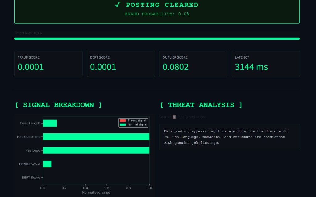 Threat detected result with fraud probability and detailed reasoning summary