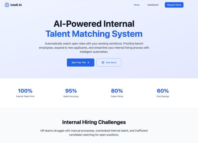 Internal hiring AI landing page preview with talent matching system metrics
