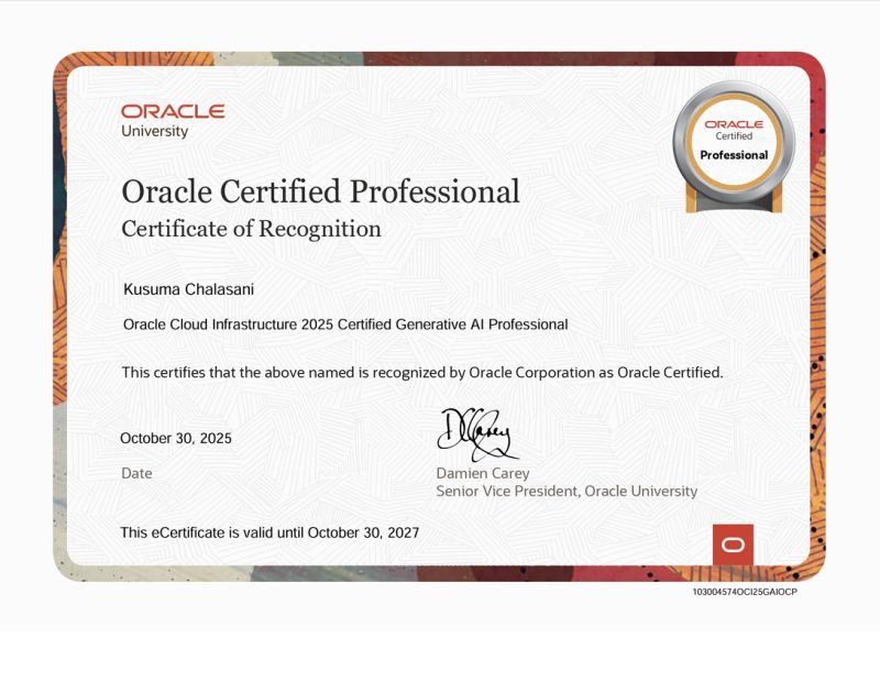 Oracle Certified Professional certificate for Kusuma Chalasani with valid till date October 30, 2027