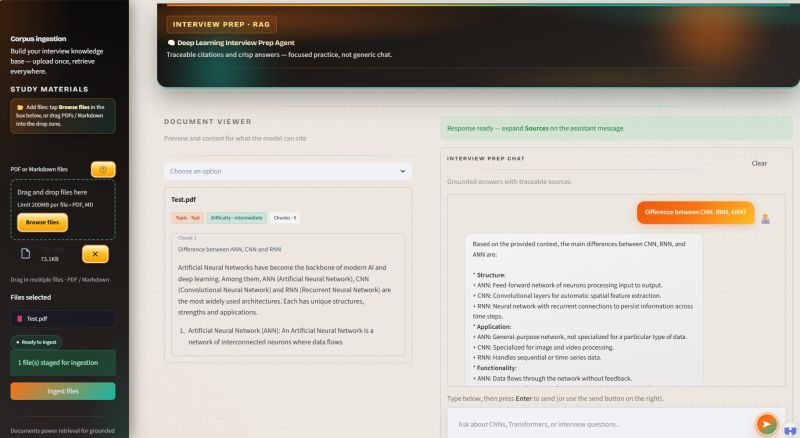 Interview prep RAG workspace with document viewer and grounded chat responses